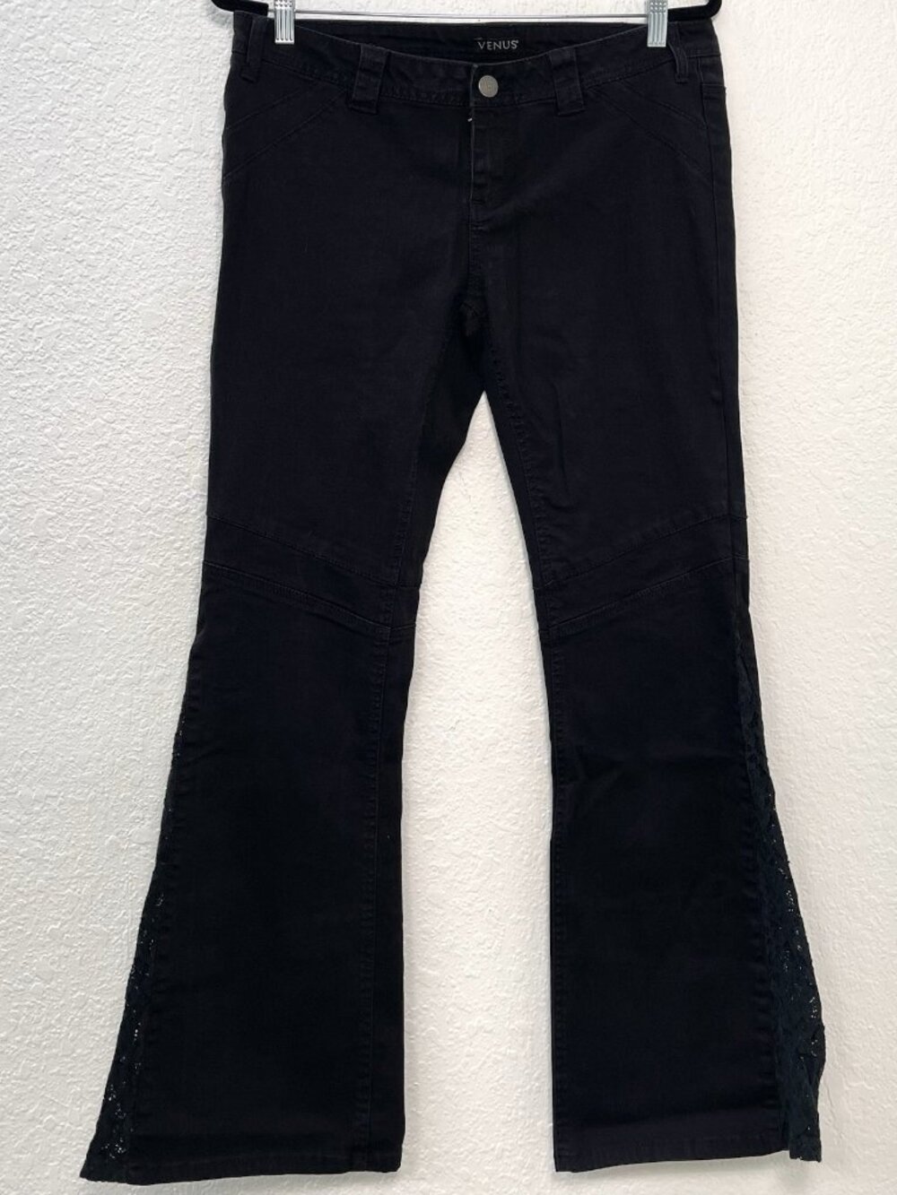 VENUS Womens 10 Black Denim Flare JEANS w/ Side Lace Insert Low Rise Stretch EUC